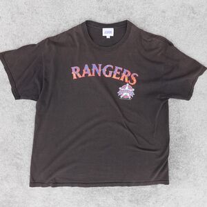 Vintage Texas Rangers Shirt Men's XL Black Flame Logo Graphic Tee Crew Neck 2002